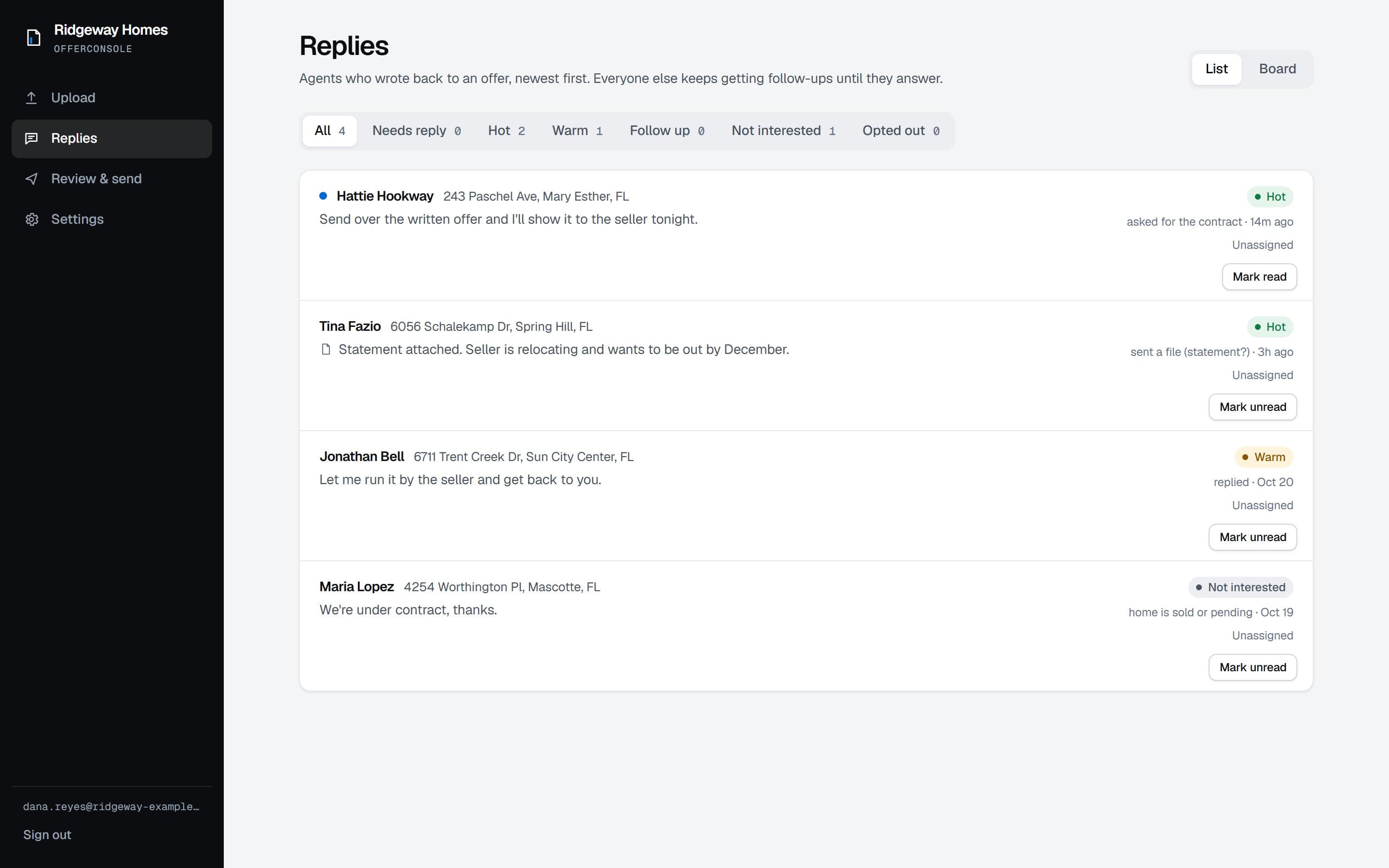 Replies: agents who wrote back, ranked hot, warm or not interested