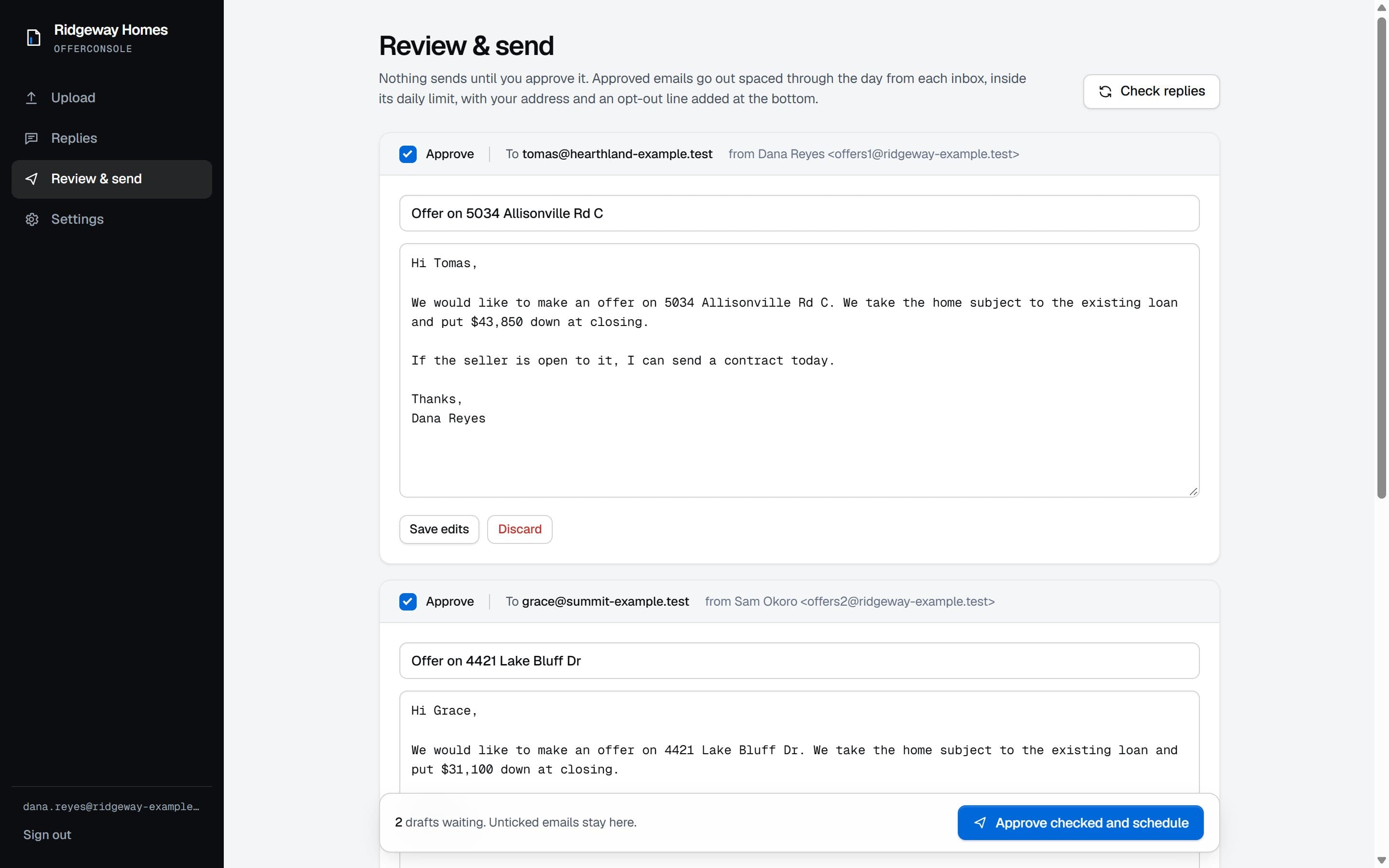Review and send: offer emails waiting for approval, each written for its home
